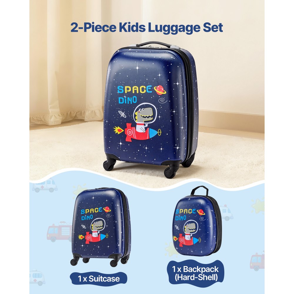 VEVOR Kids Luggage Set, 2 Piece, 18 Inch Hardside Rolling Wheels Suitcase with Hard-Shell Backpack, Dinosaur Kids Carry on Luggage Set, Holiday Birthday Gift for Girls & Boys, Airline Approved