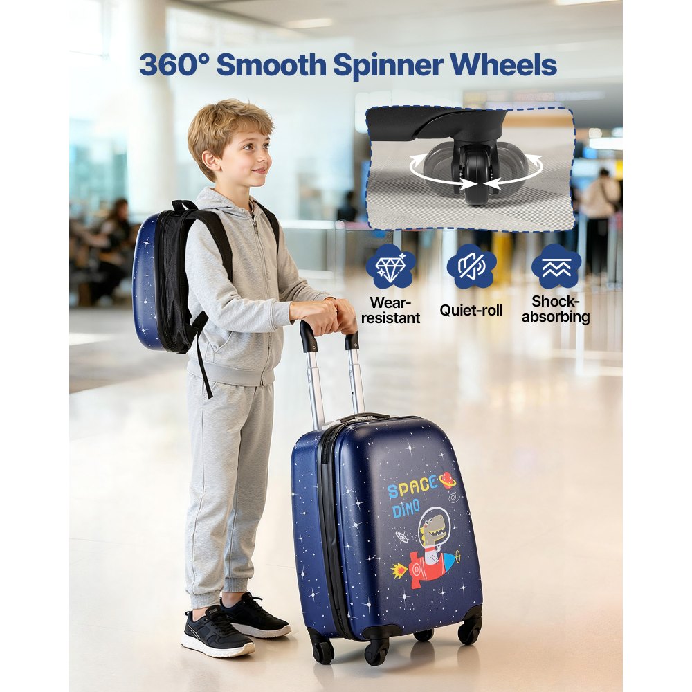 VEVOR Kids Luggage Set, 2 Piece, 18 Inch Hardside Rolling Wheels Suitcase with Hard-Shell Backpack, Dinosaur Kids Carry on Luggage Set, Holiday Birthday Gift for Girls & Boys, Airline Approved