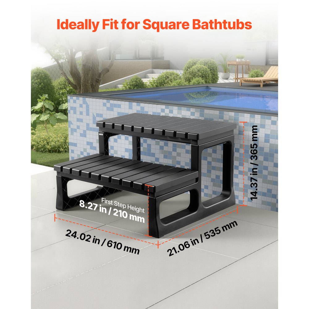 VEVOR Hot Tub Steps, 2-Step Spa Outdoor Stairs, Heavy Duty 23.6 inch Wide PP Above-Ground/Inflatable Pool Ladder with 320 lbs Weight Capacity, Multi-Use for Porch, Patio, Deck, Campers, Black