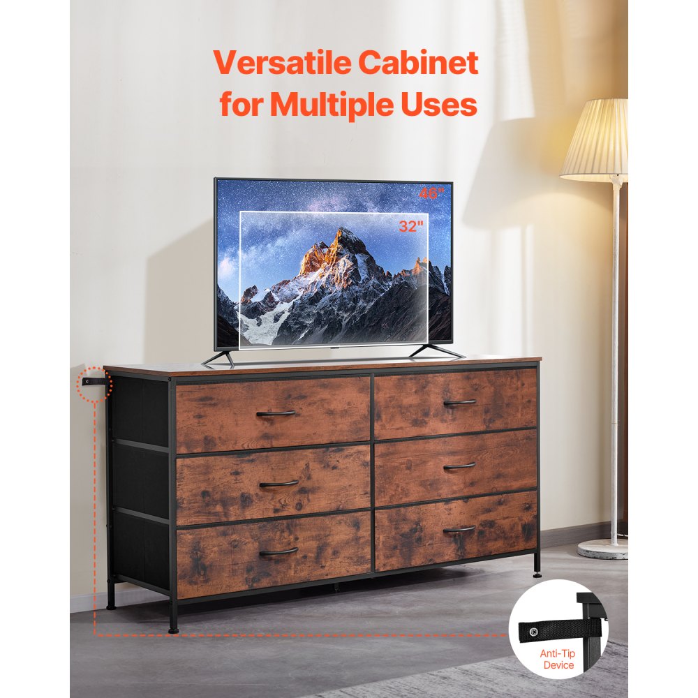 VEVOR 6 Drawer Dresser, Tall Chest Organizer Drawer Dresser, TV Stand with Storage, Closet Storage Drawers with Sturdy Steel Frame, Fabric Storage Tower for Bedroom, Hallway, Closet, Rustic Brown
