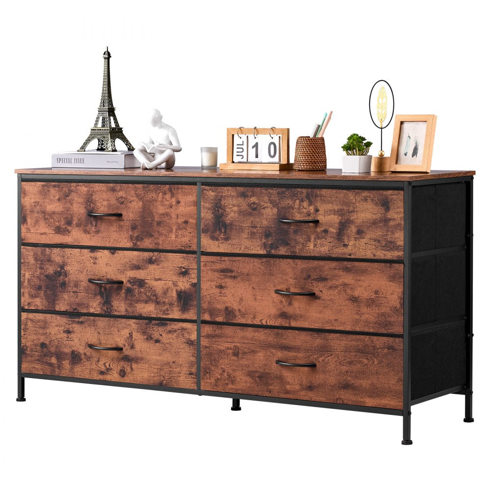 VEVOR 6 Drawer Dresser, Tall Chest Organizer Drawer Dresser, TV Stand with Storage, Closet Storage Drawers with Sturdy Steel Frame, Fabric Storage Tower for Bedroom, Hallway, Closet, Rustic Brown