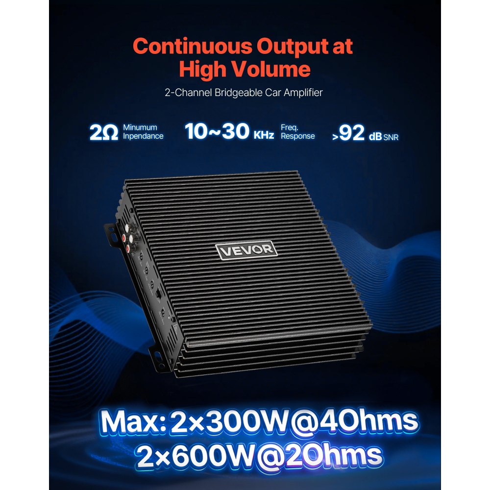 VEVOR 2 Channel Car Audio Amplifier 2 Ohm Stable Bridgeable Class A/B Full Range Stereo Amp Max Power 2 x 300W @ 4 Ohm / 2 x 600W @ 2 Ohm for Car SUV Truck Off-Road