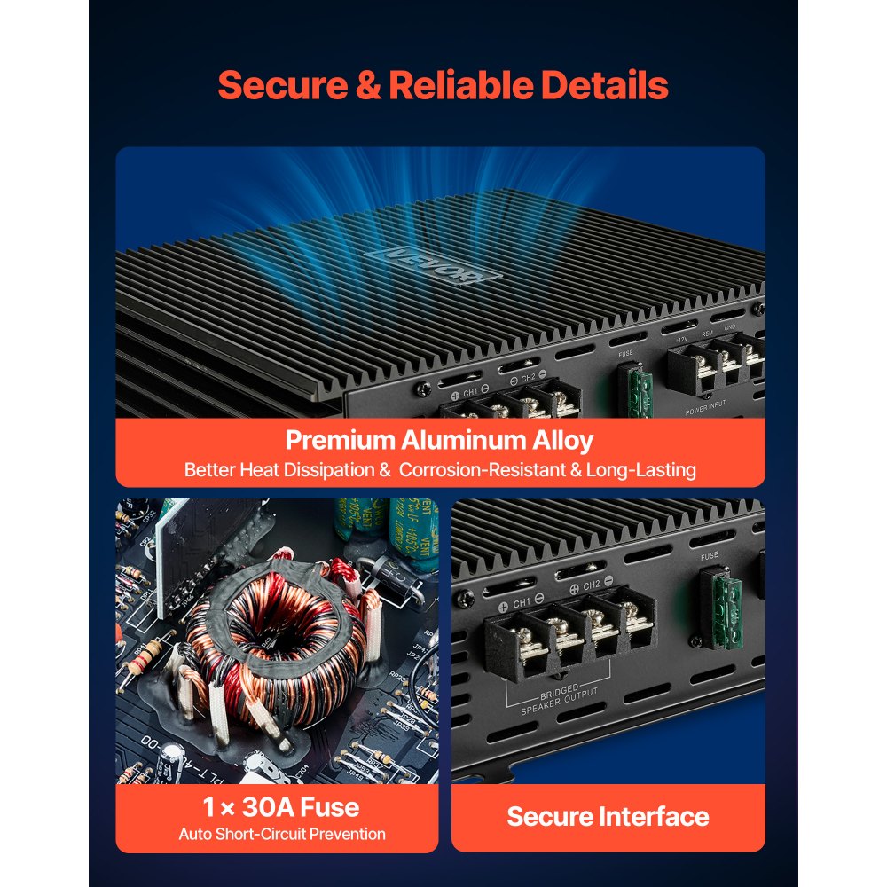 VEVOR 2 Channel Car Audio Amplifier 2 Ohm Stable Bridgeable Class A/B Full Range Stereo Amp Max Power 2 x 300W @ 4 Ohm / 2 x 600W @ 2 Ohm for Car SUV Truck Off-Road