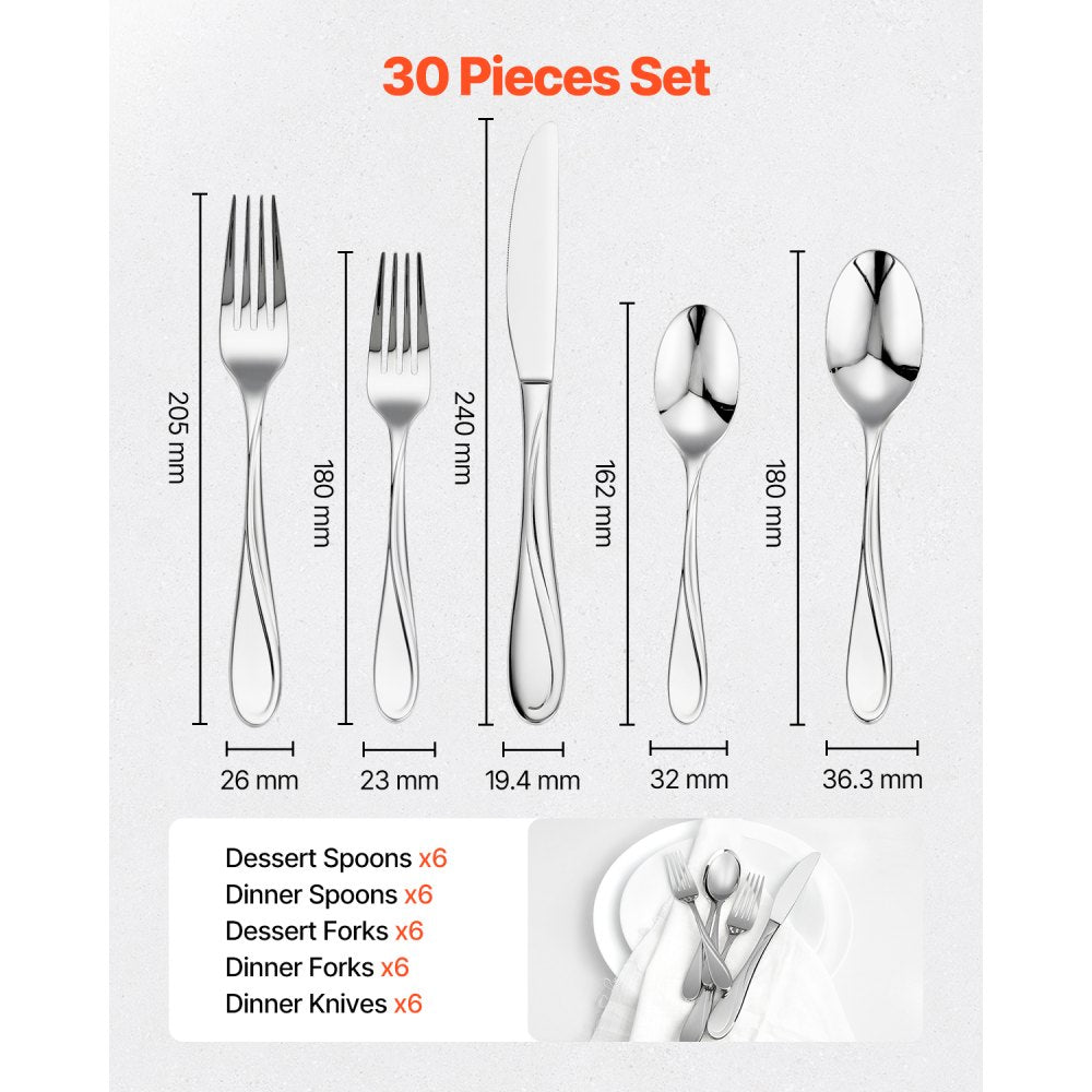 VEVOR 30-Piece Silverware Set, Food-Grade Stainless Steel Flatware Utensils, Mirror Finished Cutlery Set, Dishwasher Safe Eating Tableware for Kitchen Home, Service for 6, Include Knife Fork Spoon