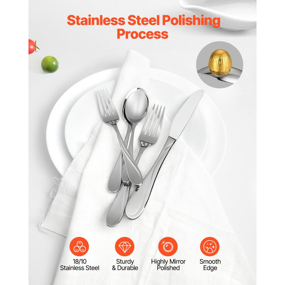 VEVOR 30-Piece Silverware Set, Food-Grade Stainless Steel Flatware Utensils, Mirror Finished Cutlery Set, Dishwasher Safe Eating Tableware for Kitchen Home, Service for 6, Include Knife Fork Spoon