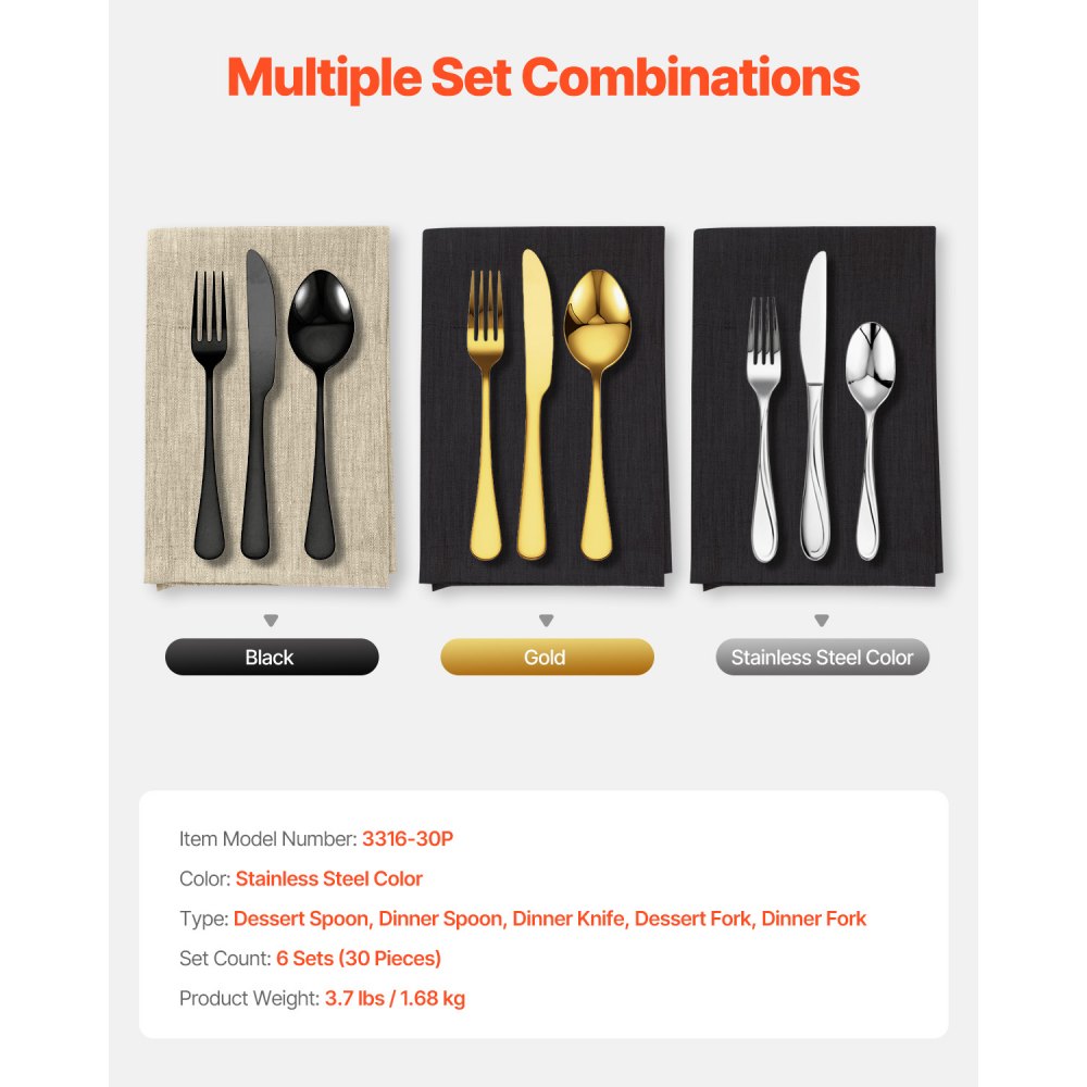 VEVOR 30-Piece Silverware Set, Food-Grade Stainless Steel Flatware Utensils, Mirror Finished Cutlery Set, Dishwasher Safe Eating Tableware for Kitchen Home, Service for 6, Include Knife Fork Spoon