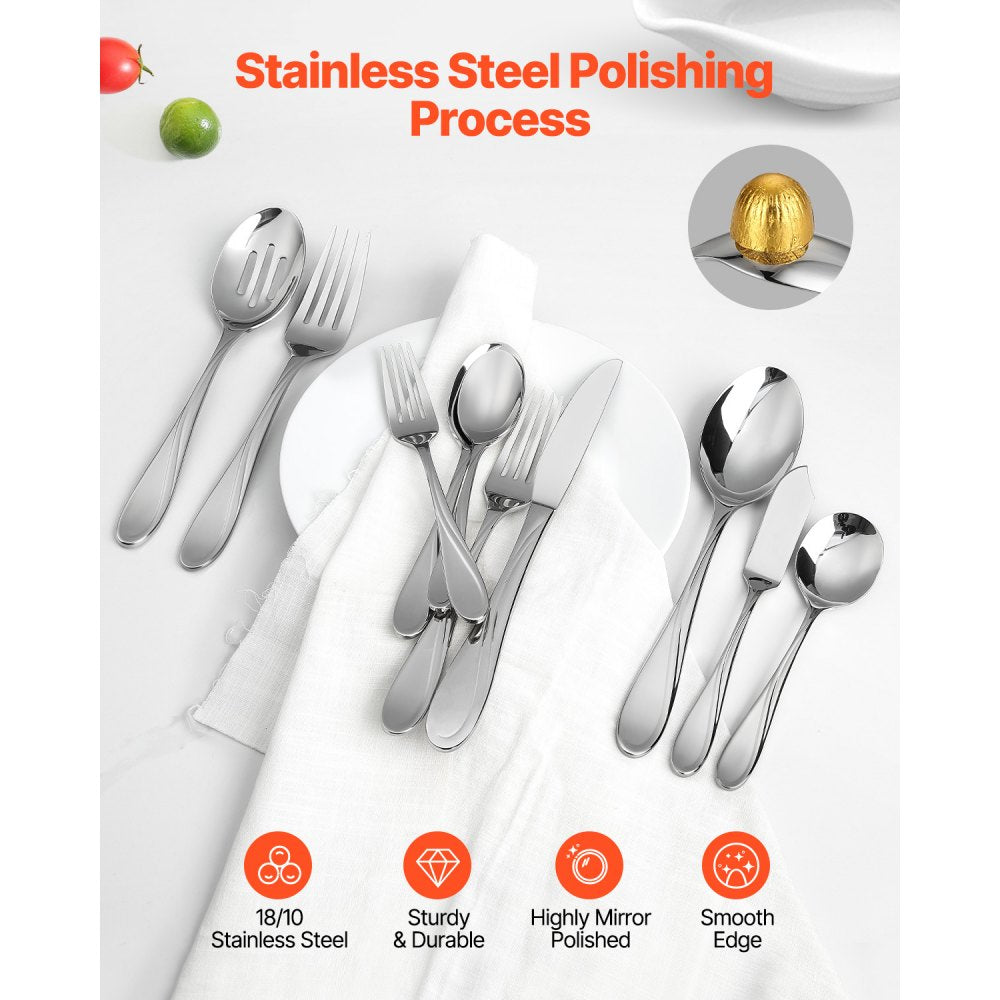 VEVOR 65-Piece Silverware Set, Food-Grade Stainless Steel Flatware Utensils, Mirror Finished Cutlery Set, Dishwasher Safe Eating Tableware for Kitchen Home, Service for 12, Include Knife Fork Spoon