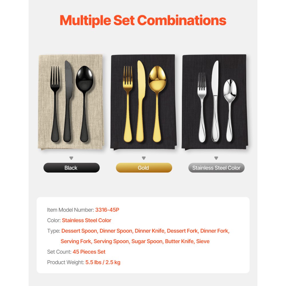 VEVOR 45-Piece Silverware Set, Food-Grade Stainless Steel Flatware Utensils, Mirror Finished Cutlery Set, Dishwasher Safe Eating Tableware for Kitchen Home, Service for 8, Include Knife Fork Spoon