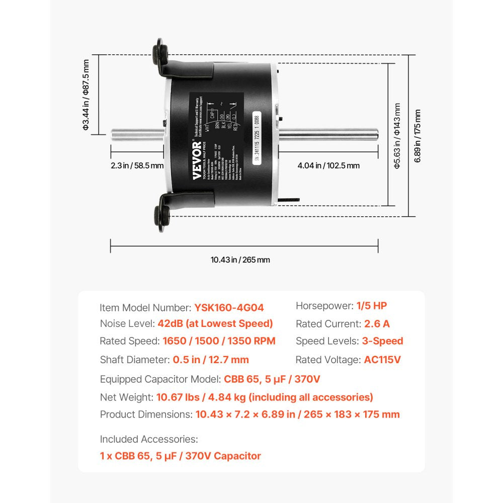 VEVOR 3108706.916 RV AC Fan Motor Compatible with Dometic Brisk Air I Model - Single Phase, 1/5HP AC115V 2.6A 1650 RPM (3 Speeds)