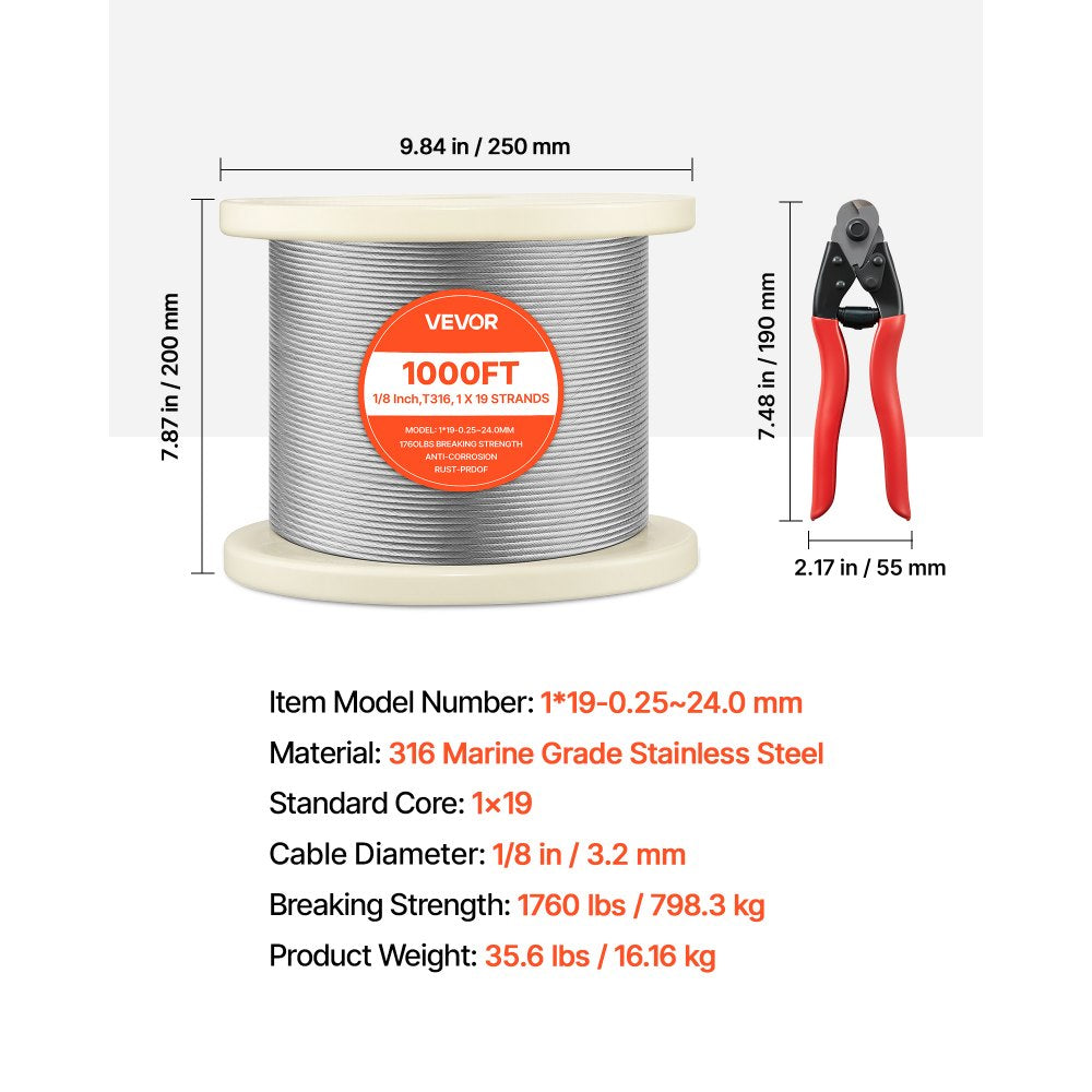VEVOR 1/8 Inch Wire Rope, 1000 ft Length, 316 Stainless Steel Wire Cable with Cutter, 1760 lbs Breaking Strength, 1 x 19 Strands Construction, Steel Cable for Deck Railing System, Garden Trellis