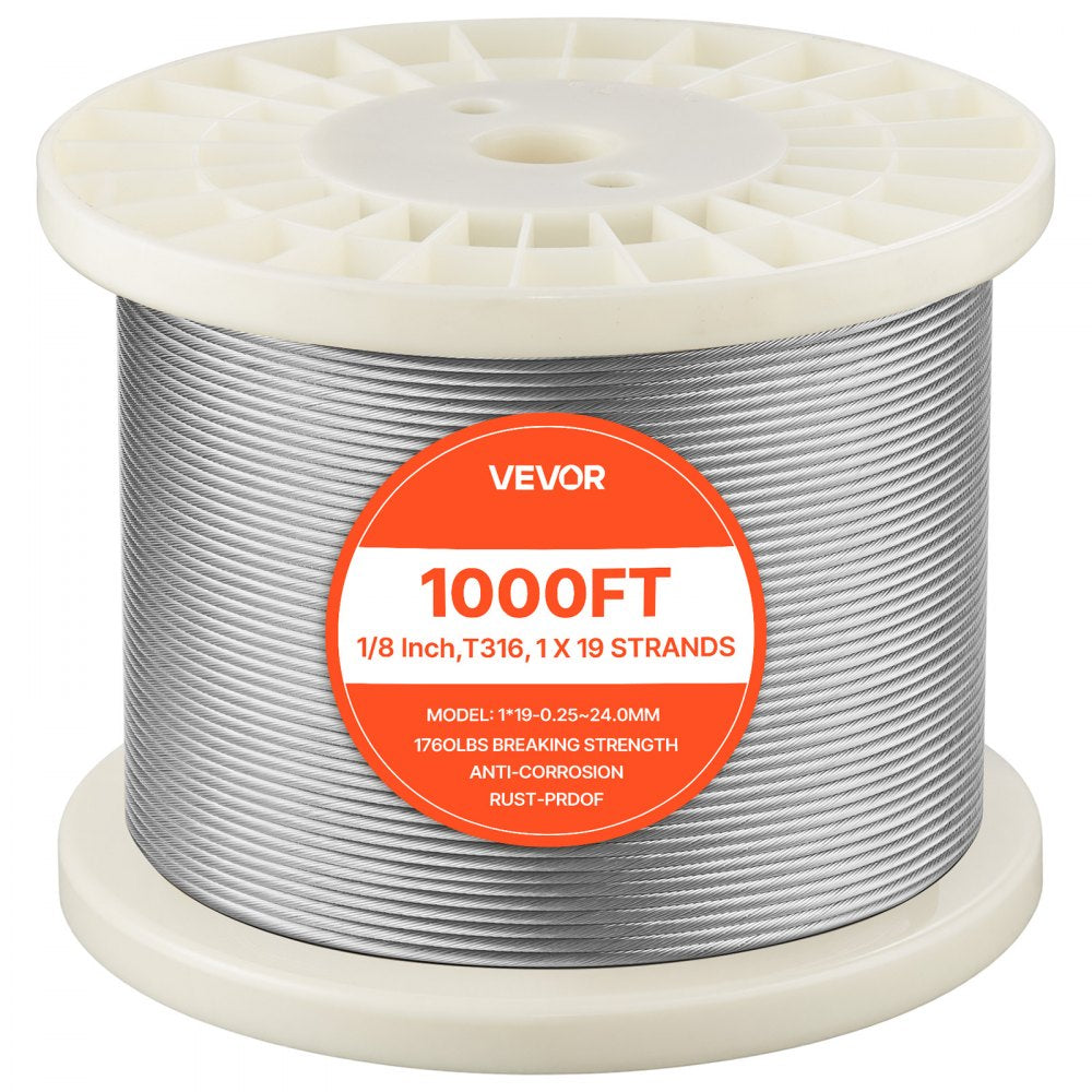VEVOR 1/8 Inch Wire Rope, 1000 ft Length, 316 Stainless Steel Wire Cable with Cutter, 1760 lbs Breaking Strength, 1 x 19 Strands Construction, Steel Cable for Deck Railing System, Garden Trellis