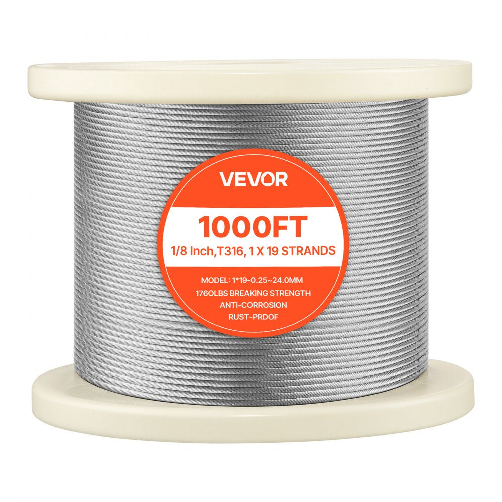 VEVOR 1/8 Inch Wire Rope, 1000 ft Length, 316 Stainless Steel Wire Cable with Cutter, 1760 lbs Breaking Strength, 1 x 19 Strands Construction, Steel Cable for Deck Railing System, Garden Trellis