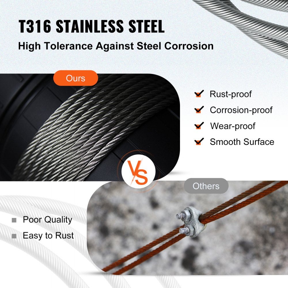 T316 1x19 Stainless Steel Cable 1/8" Cable Rail Wire Rope Aircraft Cable 984FT