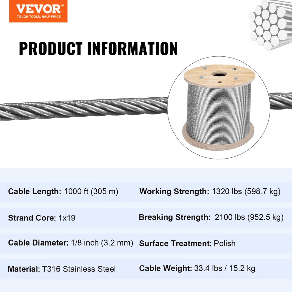 T316 1x19 Stainless Steel Cable 1/8" Cable Rail Wire Rope Aircraft Cable 984FT