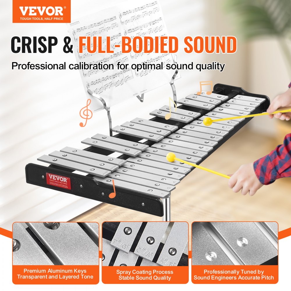VEVOR 32 Note Glockenspiel Xylophone Bell Kit, Professional Percussion Instrument Set with Mallets, Drum Sticks, Music Stand,  8" Practice Pad, Adjustable Stand and Carrying Bag for Students & Adults