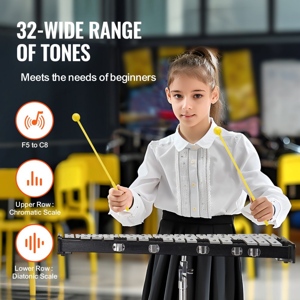 VEVOR 32 Note Glockenspiel Xylophone Bell Kit, Professional Percussion Instrument Set with Mallets, Drum Sticks, Music Stand,  8" Practice Pad, Adjustable Stand and Carrying Bag for Students & Adults