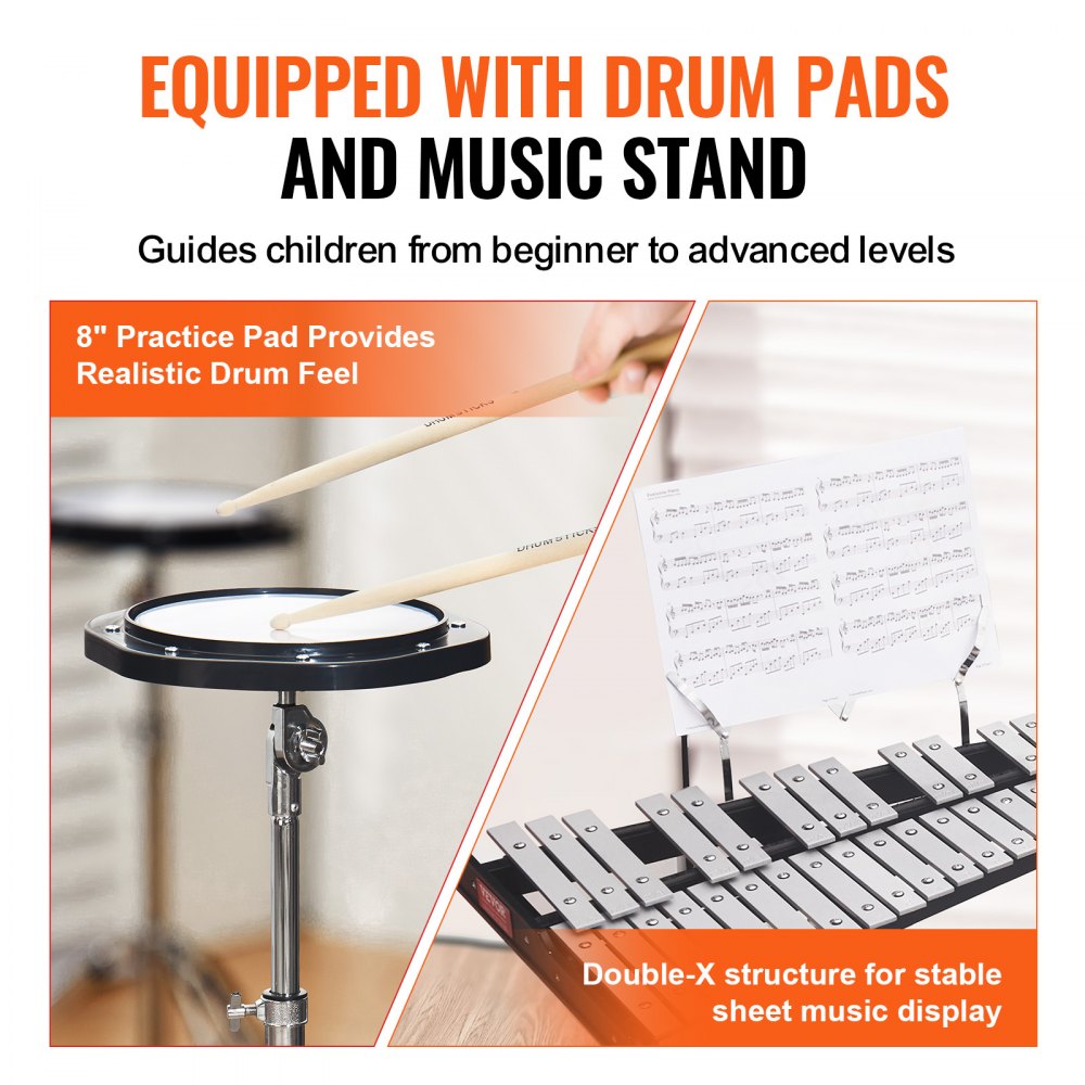 VEVOR 32 Note Glockenspiel Xylophone Bell Kit, Professional Percussion Instrument Set with Mallets, Drum Sticks, Music Stand,  8" Practice Pad, Adjustable Stand and Carrying Bag for Students & Adults