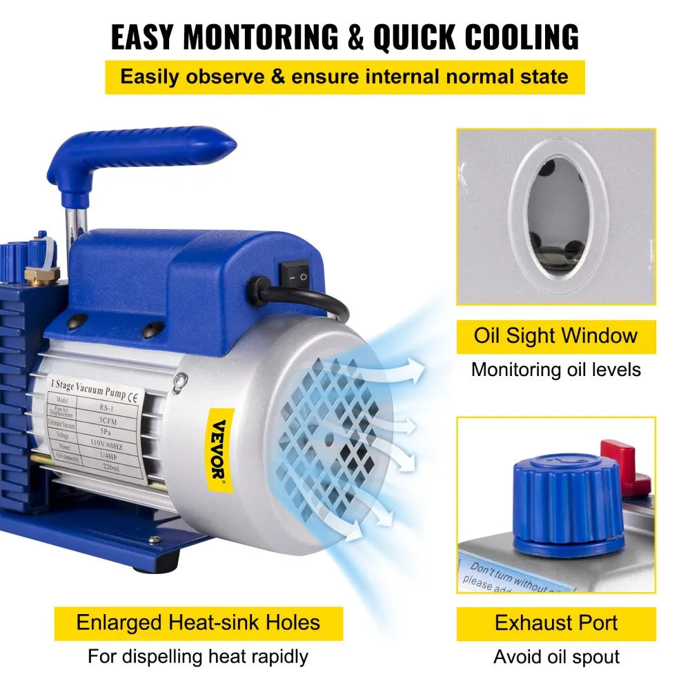 VEVOR 3CFM 1/4HP Single Stage Air Vacuum Pump HVAC R134a R12 R22 R410a A/C Refrigeration Kit AC Manifold Gauge R134 Can Tap Included Carrying Tote