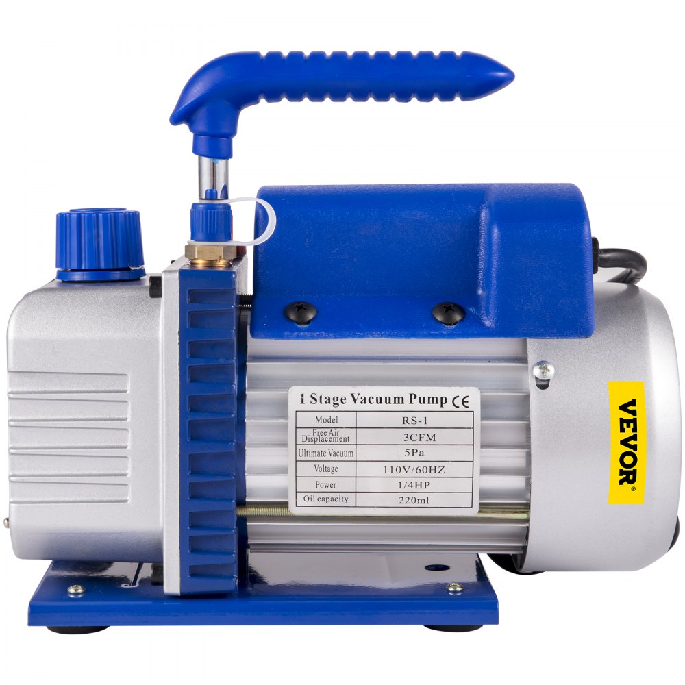 VEVOR 3CFM 1/4HP Single Stage Air Vacuum Pump HVAC R134a R12 R22 R410a A/C Refrigeration Kit AC Manifold Gauge R134 Can Tap Included Carrying Tote