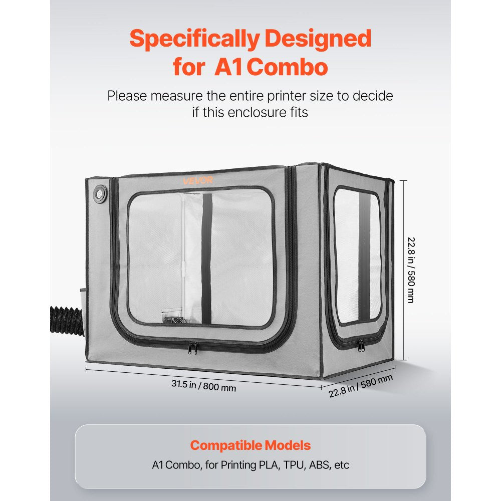 VEVOR 3D Printer Enclosure with Ventilation, Dustproof Waterproof Large Size 600D Oxford Cloth 3D Printer Tent, Constant Temperature Protective Case with LED, Designed for Bambu Lab A1 Combo, Grey