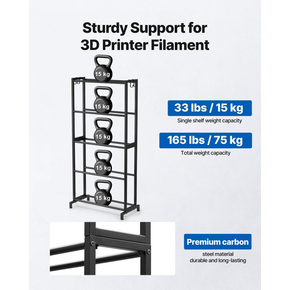 VEVOR 3D Printer Filament Storage Rack, 5 Tier Heavy Duty Storage Shelves for 3D Printing Filaments, Filament Spool Holders Racks for 3D Printing Studio, Home Studio, Office, Workshop (Shelf Only)