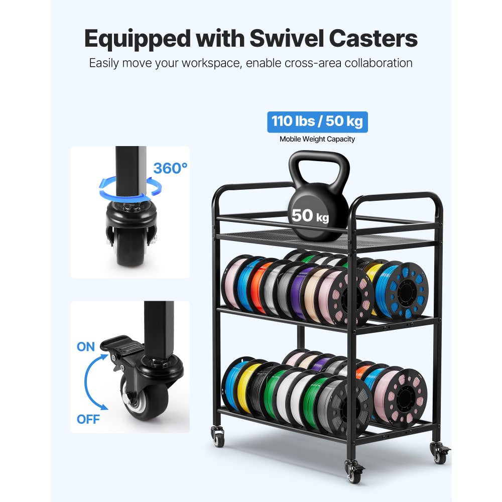 VEVOR 3D Printer Filament Storage Rack, 3 Tier Heavy Duty Storage Shelf, Rolling Filament Spool Holders Racks with Wheels, Filaments Organzied for 3D Printing Station, Office, Workshop (Shelf Only)