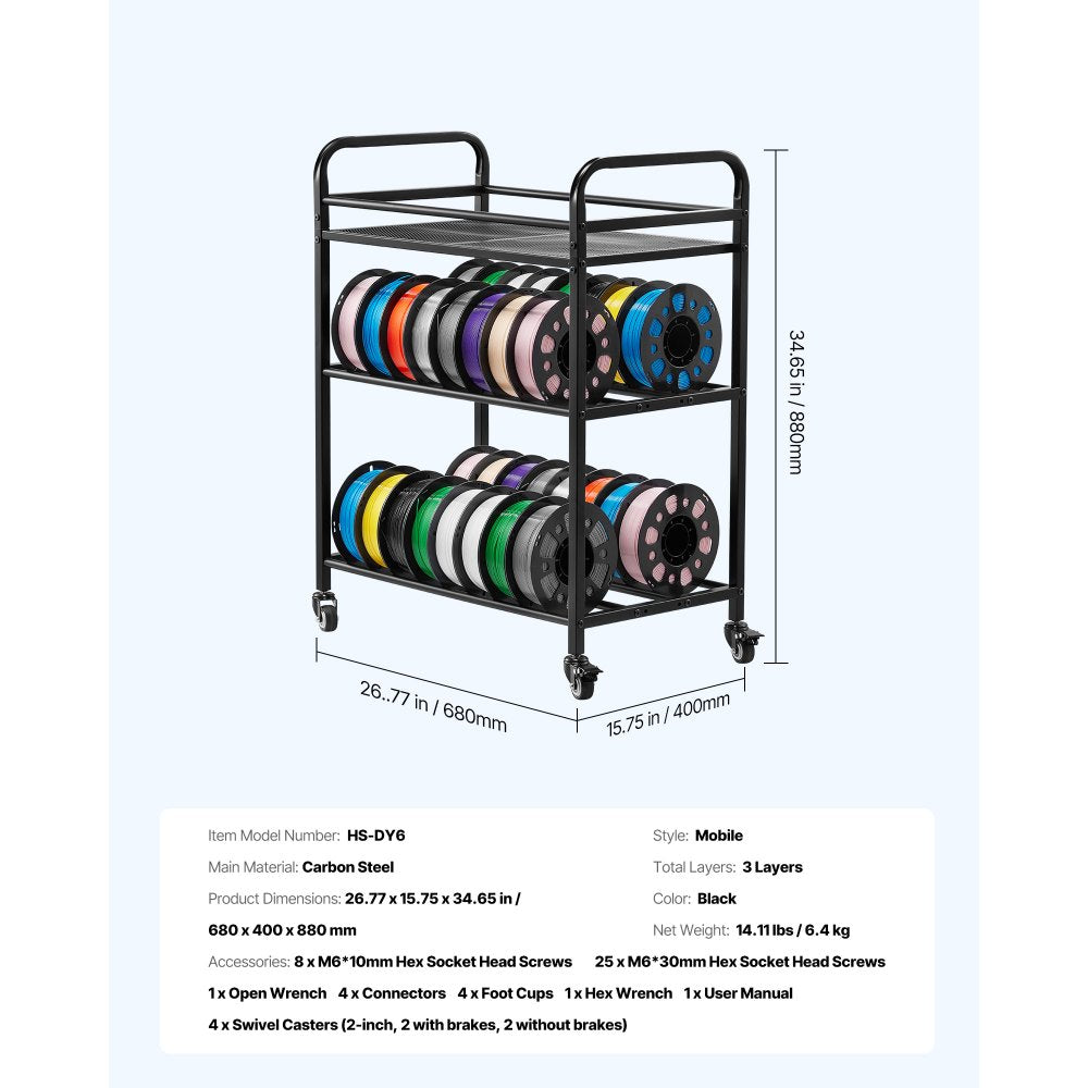 VEVOR 3D Printer Filament Storage Rack, 3 Tier Heavy Duty Storage Shelf, Rolling Filament Spool Holders Racks with Wheels, Filaments Organzied for 3D Printing Station, Office, Workshop (Shelf Only)