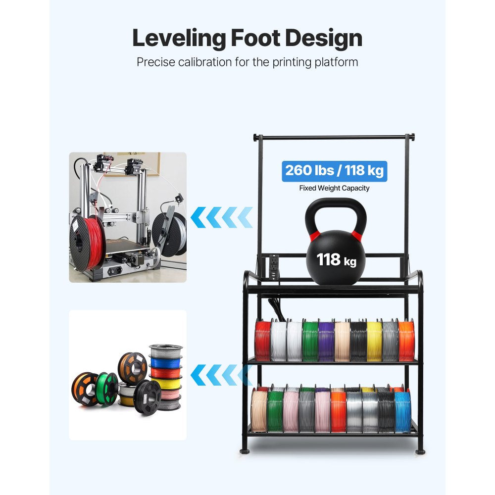 VEVOR 3D Printer Filament Storage Rack, 3-Tier 3D Printer Stand with Filament Storage, Spools Holder Racks Cart with Wheels, Filaments Organzied for 3D Printing Station, Office, Workshop (Shelf Only)