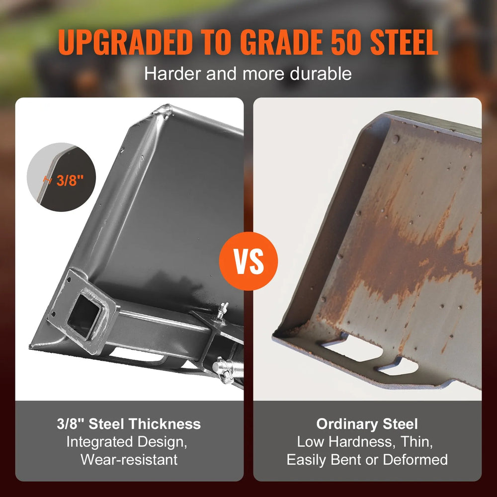VEVOR skid steer plate upgraded to Grade 50 steel - durability comparison graphic