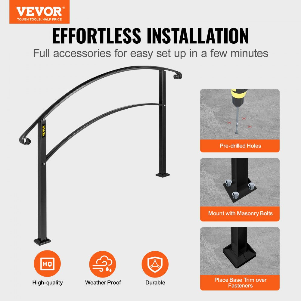 VEVOR Handrails for Outdoor Steps, Fit 1 or 3 Steps Outdoor Stair Railing, Black Wrought Iron Handrail, Flexible Front Porch Hand Rail, Transitional Handrails for Concrete Steps or Wooden Stairs