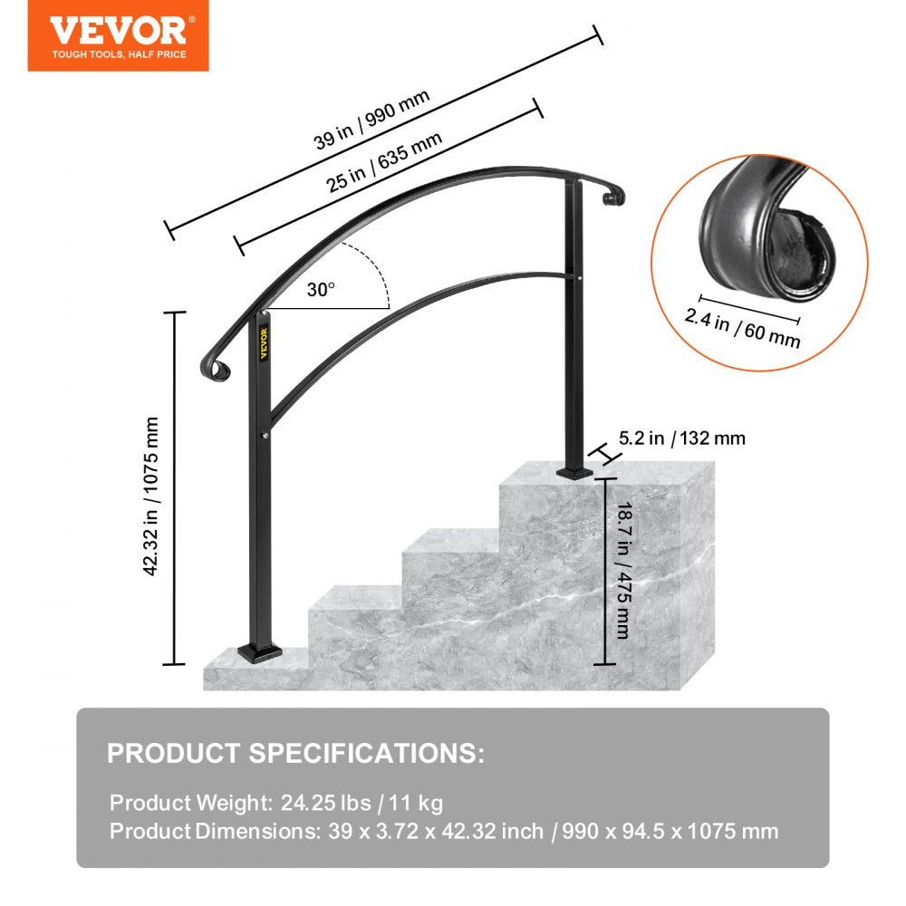 VEVOR Handrails for Outdoor Steps, Fit 1 or 3 Steps Outdoor Stair Railing, Black Wrought Iron Handrail, Flexible Front Porch Hand Rail, Transitional Handrails for Concrete Steps or Wooden Stairs