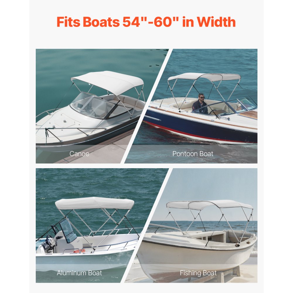VEVOR 3 Bow Boat Bimini Tops, 600D Polyester Canopy with Aluminum Alloy Frame, Waterproof & Sun Shade Boat Awning Canopy with Storage Bag, 2 Support Poles, 4 Straps, 6'Lx(54"-60")Wx46"H, Light Grey