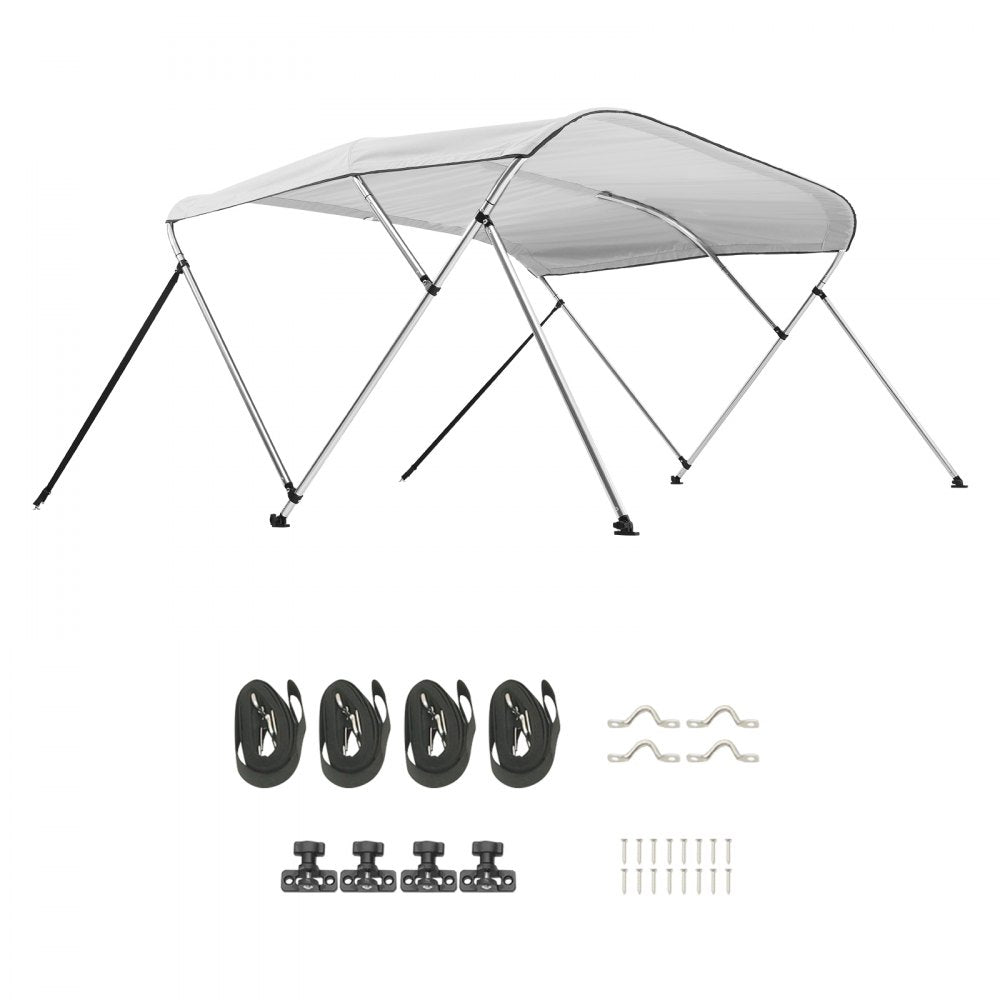 VEVOR 3 Bow Boat Bimini Tops, 600D Polyester Canopy with Aluminum Alloy Frame, Waterproof & Sun Shade Boat Awning Canopy with Storage Bag, 2 Support Poles, 4 Straps, 6'Lx(54"-60")Wx46"H, Light Grey