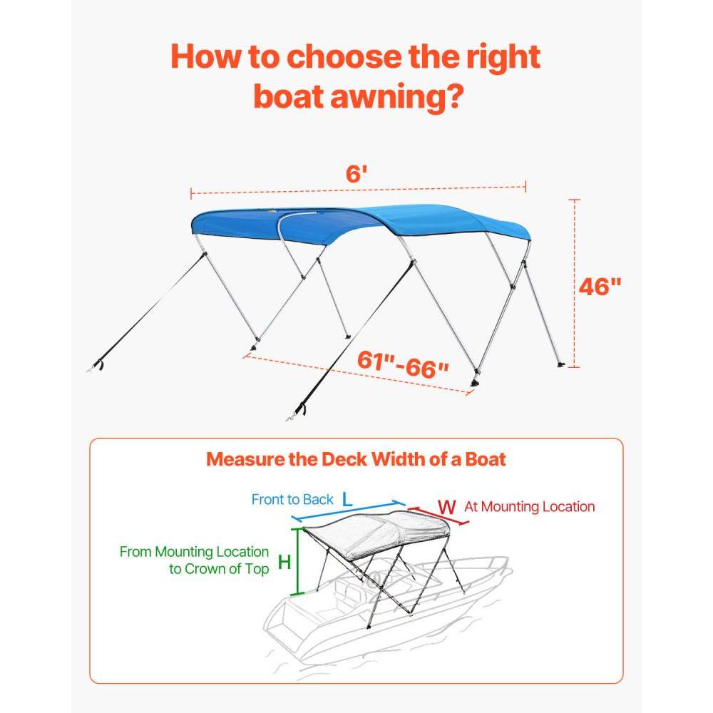 VEVOR 3 Bow Boat Bimini Tops, 600D Polyester Canopy with Aluminum Alloy Frame, Waterproof & Sun Shade Boat Awning Canopy with Storage Bag, 2 Support Poles, 4 Straps, 6'Lx(61"-66")W x46"H, Pacific Blue