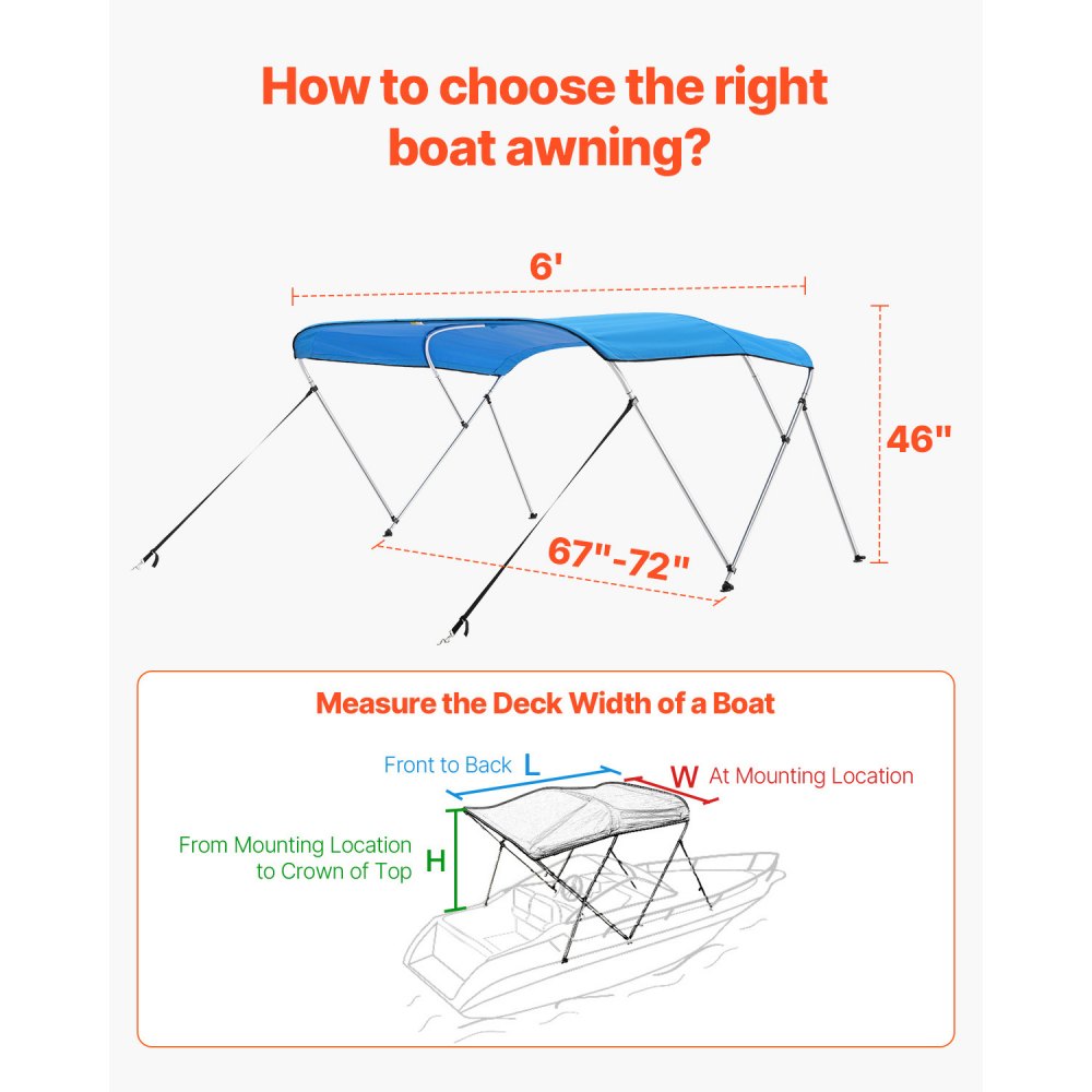 VEVOR 3 Bow Boat Bimini Tops, 600D Polyester Canopy with Aluminum Alloy Frame, Waterproof & Sun Shade Boat Awning Canopy with Storage Bag, 2 Support Poles, 4 Straps, 6'Lx(67"-72")Wx46"H, Pacific Blue