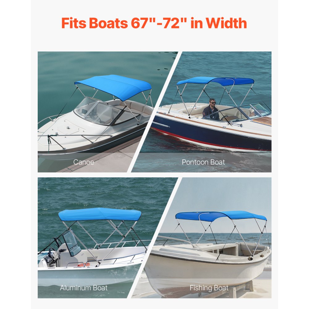 VEVOR 3 Bow Boat Bimini Tops, 600D Polyester Canopy with Aluminum Alloy Frame, Waterproof & Sun Shade Boat Awning Canopy with Storage Bag, 2 Support Poles, 4 Straps, 6'Lx(67"-72")Wx46"H, Pacific Blue