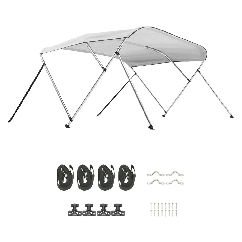 VEVOR 3 Bow Boat Bimini Tops, 600D Polyester Canopy with Aluminum Alloy Frame, Waterproof & Sun Shade Boat Awning Canopy with Storage Bag, 2 Support Poles, 4 Straps, 72"Lx(73"-78")Wx46"H, Light Grey