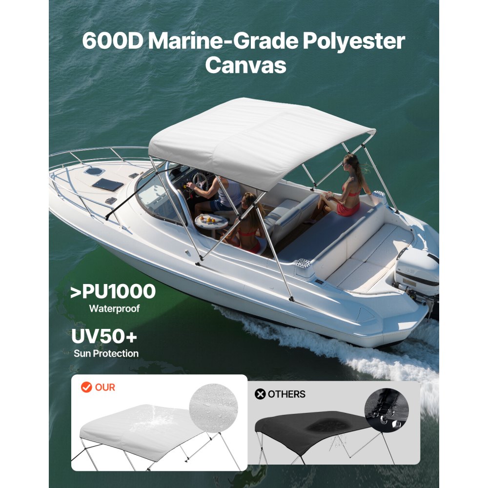 VEVOR 3 Bow Boat Bimini Tops, 600D Polyester Canopy with Aluminum Alloy Frame, Waterproof & Sun Shade Boat Awning Canopy with Storage Bag, 2 Support Poles, 4 Straps, 72"Lx(79"-84")Wx46"H, Light Grey