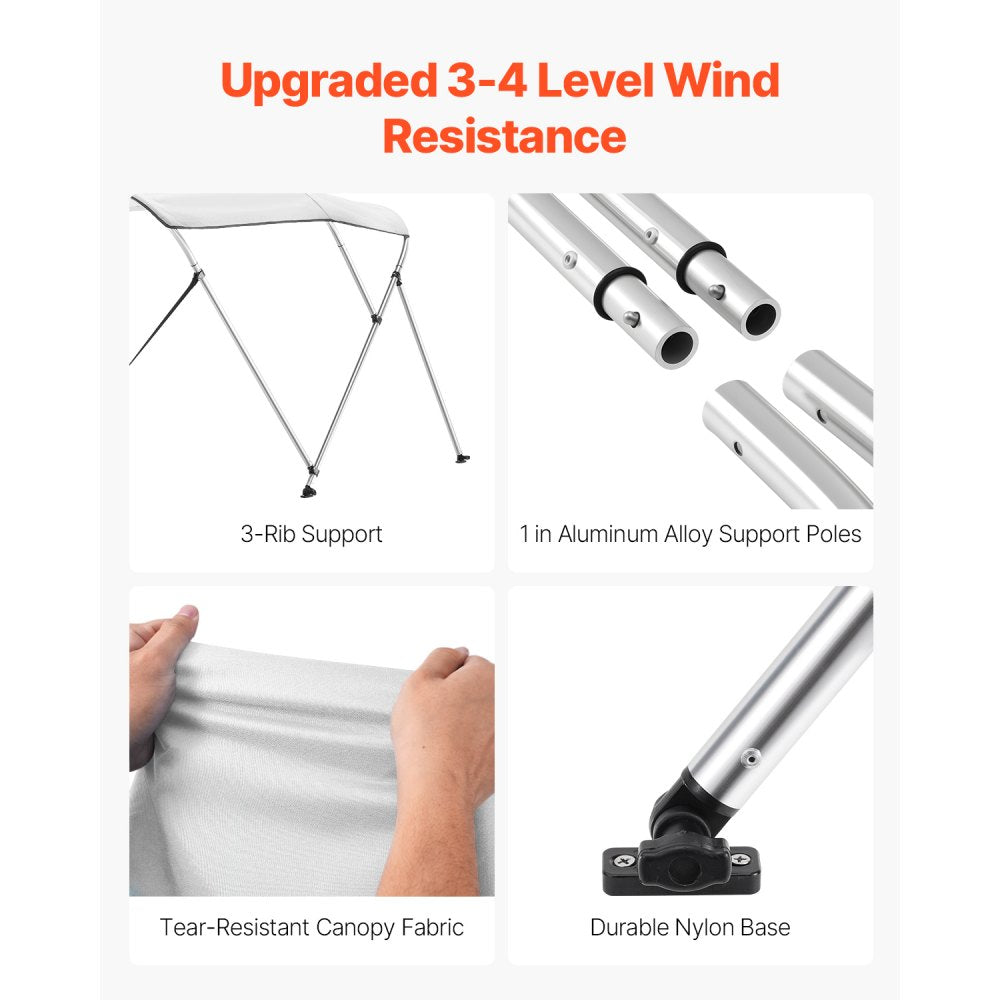 VEVOR 3 Bow Boat Bimini Tops, 600D Polyester Canopy with Aluminum Alloy Frame, Waterproof & Sun Shade Boat Awning Canopy with Storage Bag, 2 Support Poles, 4 Straps, 72"Lx(79"-84")Wx46"H, Light Grey