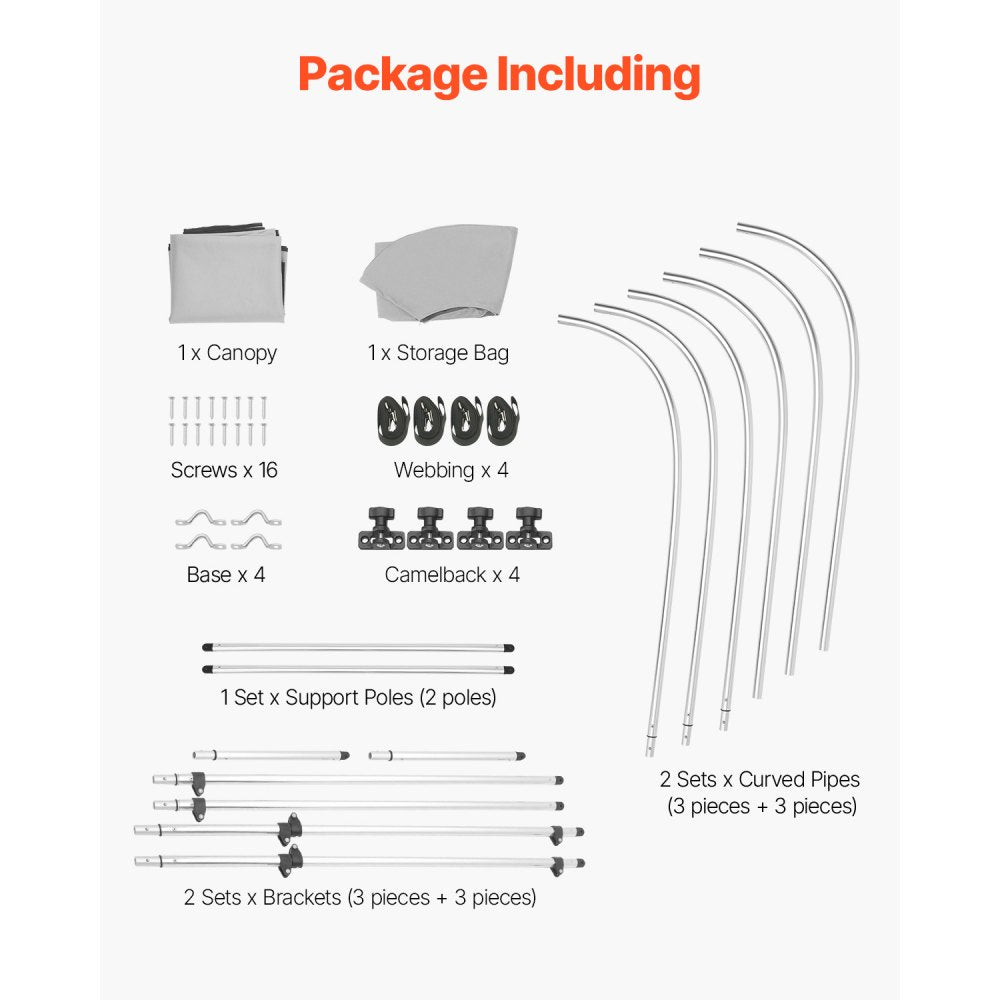 VEVOR 3 Bow Boat Bimini Tops, 600D Polyester Canopy with Aluminum Alloy Frame, Waterproof & Sun Shade Boat Awning Canopy with Storage Bag, 2 Support Poles, 4 Straps, 72"Lx(85"-90")Wx46"H, Light Grey