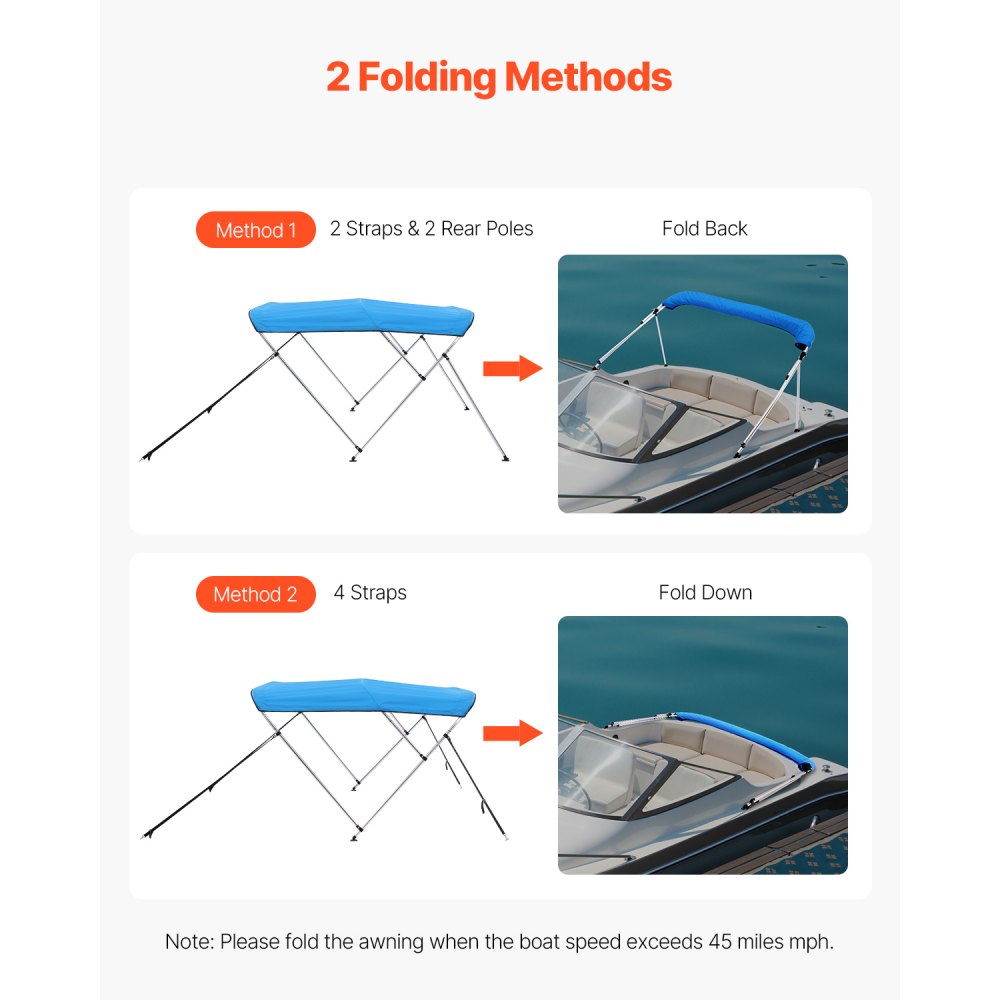 VEVOR 3 Bow Boat Bimini Tops, 600D Polyester Canopy with Aluminum Alloy Frame, Waterproof & Sun Shade Boat Awning Canopy with Storage Bag, 2 Support Poles, 4 Straps, 72"Lx(85"-90")Wx46"H, Pacific Blue
