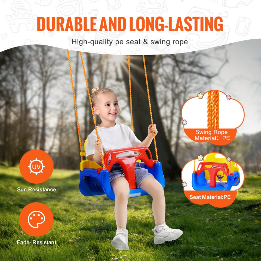 VEVOR 3-in-1 Toddler Swing Seat, 200 lbs Weight Capacity Baby Swing Seat, with Adjustable Ropes and Snap Hooks, Snug & Secure Detachable Infants to Teens Kids Swing Seat, for Outdoor and Indoor
