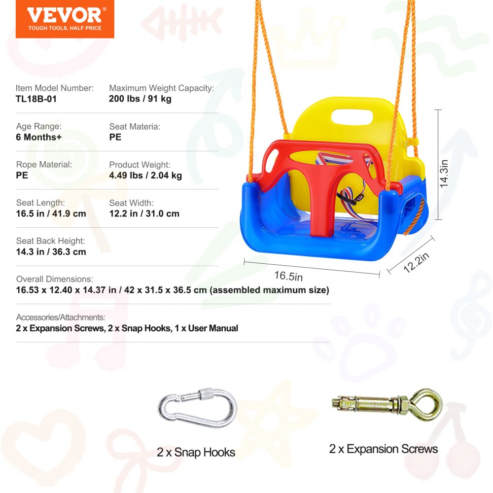 VEVOR 3-in-1 Toddler Swing Seat, 200 lbs Weight Capacity Baby Swing Seat, with Adjustable Ropes and Snap Hooks, Snug & Secure Detachable Infants to Teens Kids Swing Seat, for Outdoor and Indoor