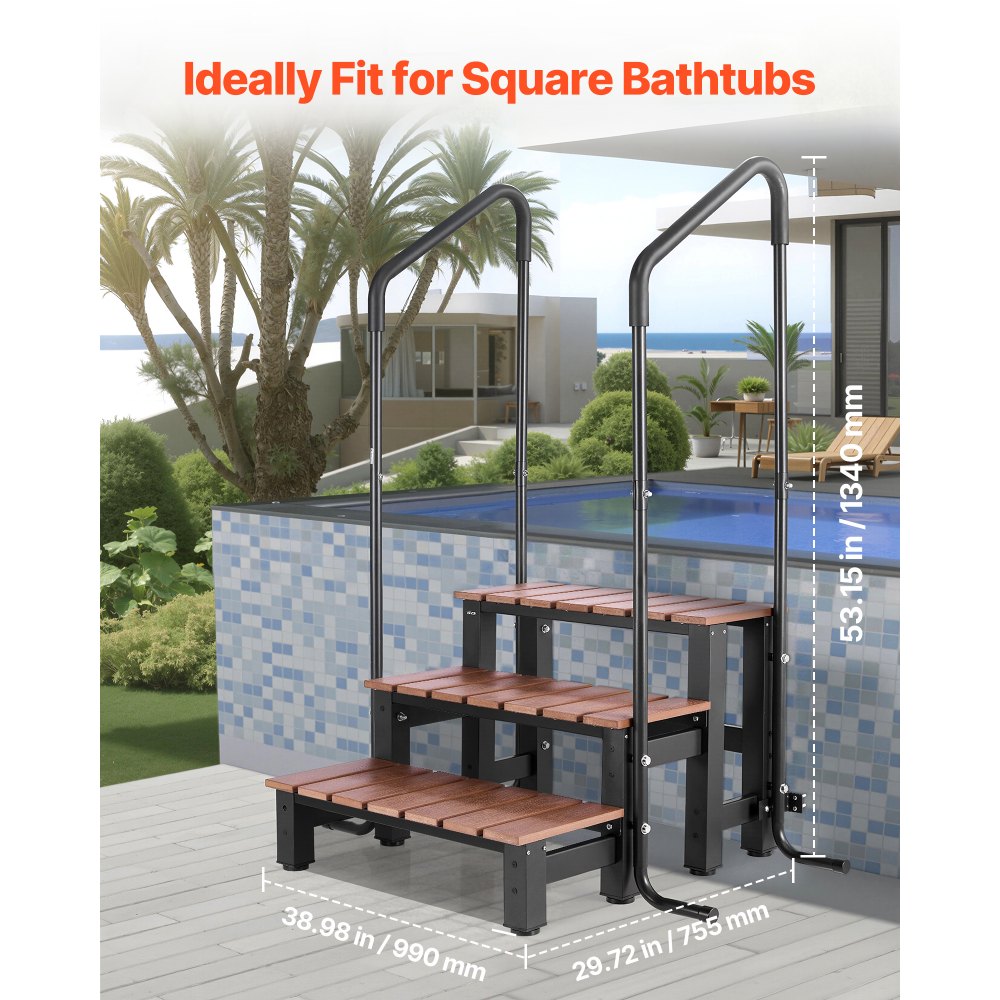 VEVOR Hot Tub Steps with Handrail, 3-Step Spa Outdoor Stairs, Heavy Duty 25.2 inch Wide Above-Ground/Inflatable Pool Ladder with 550 lbs Weight Capacity, Multi-Use for Porch, Patio, Deck, Trailers