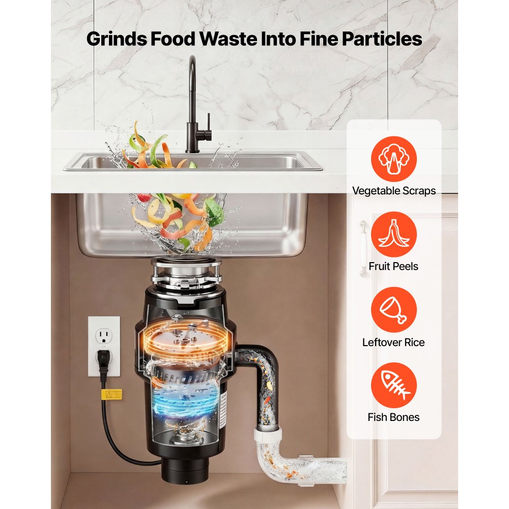 VEVOR Food Waste Garbage Disposal, 1HP 3700RPM DC Motor, Continuous Feed Kitchen Sink Garbage Disposer, 3-Bolt Mount Food Waste Grinding System with Splash Guard & Power Cord for Kitchens