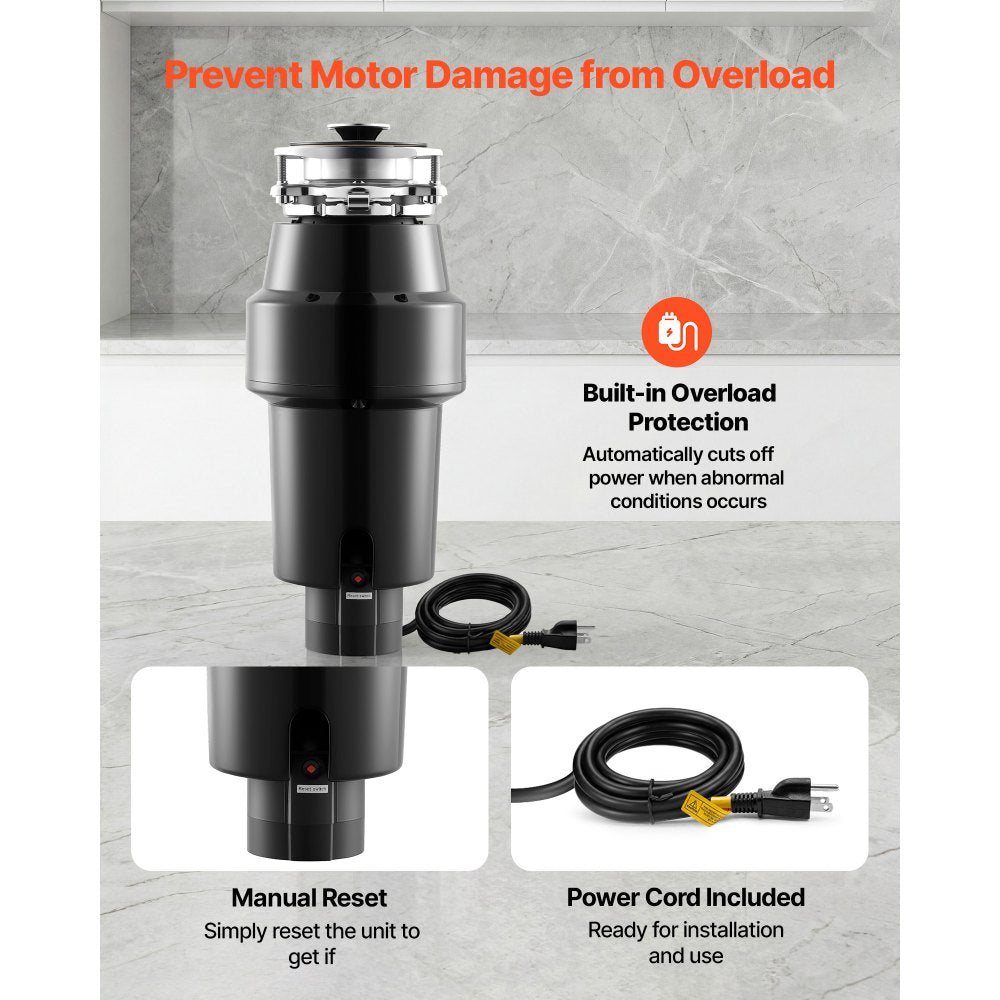 VEVOR Food Waste Garbage Disposal, 1HP 3700RPM DC Motor, Continuous Feed Kitchen Sink Garbage Disposer, 3-Bolt Mount Food Waste Grinding System with Splash Guard & Power Cord for Kitchens