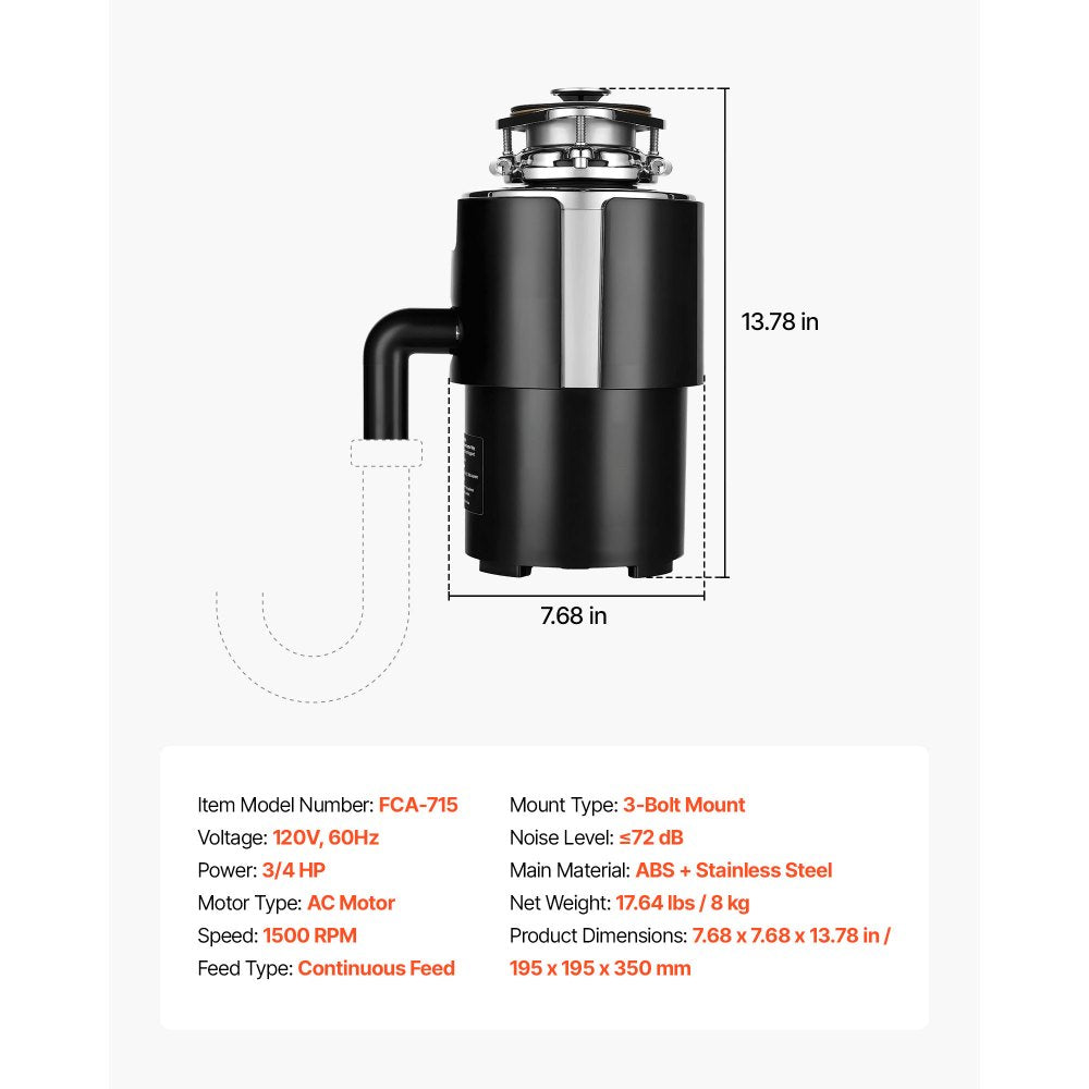 VEVOR Food Waste Garbage Disposal, 3/4HP 1500RPM AC Motor, Continuous Feed Kitchen Sink Garbage Disposer, 3-Bolt Mount Food Waste Grinding System with Splash Guard & Power Cord for Kitchens