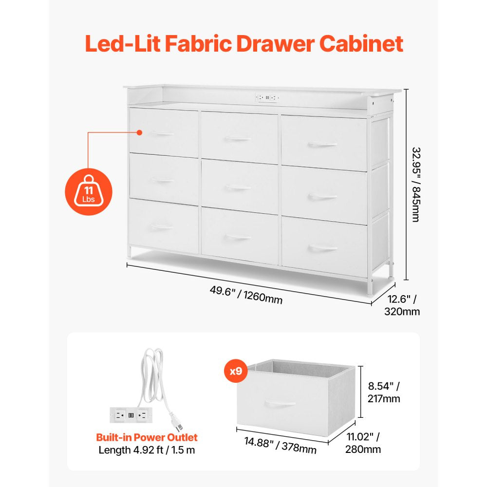 VEVOR 9 Drawer Dresser, Tall Drawer Dresser with Fabric Bin, Closet Storage Drawers with Sturdy Metal Frame, LED Lights & Built-in Outlet, Fabric Storage Tower for Bedroom, Hallway, Closet, White