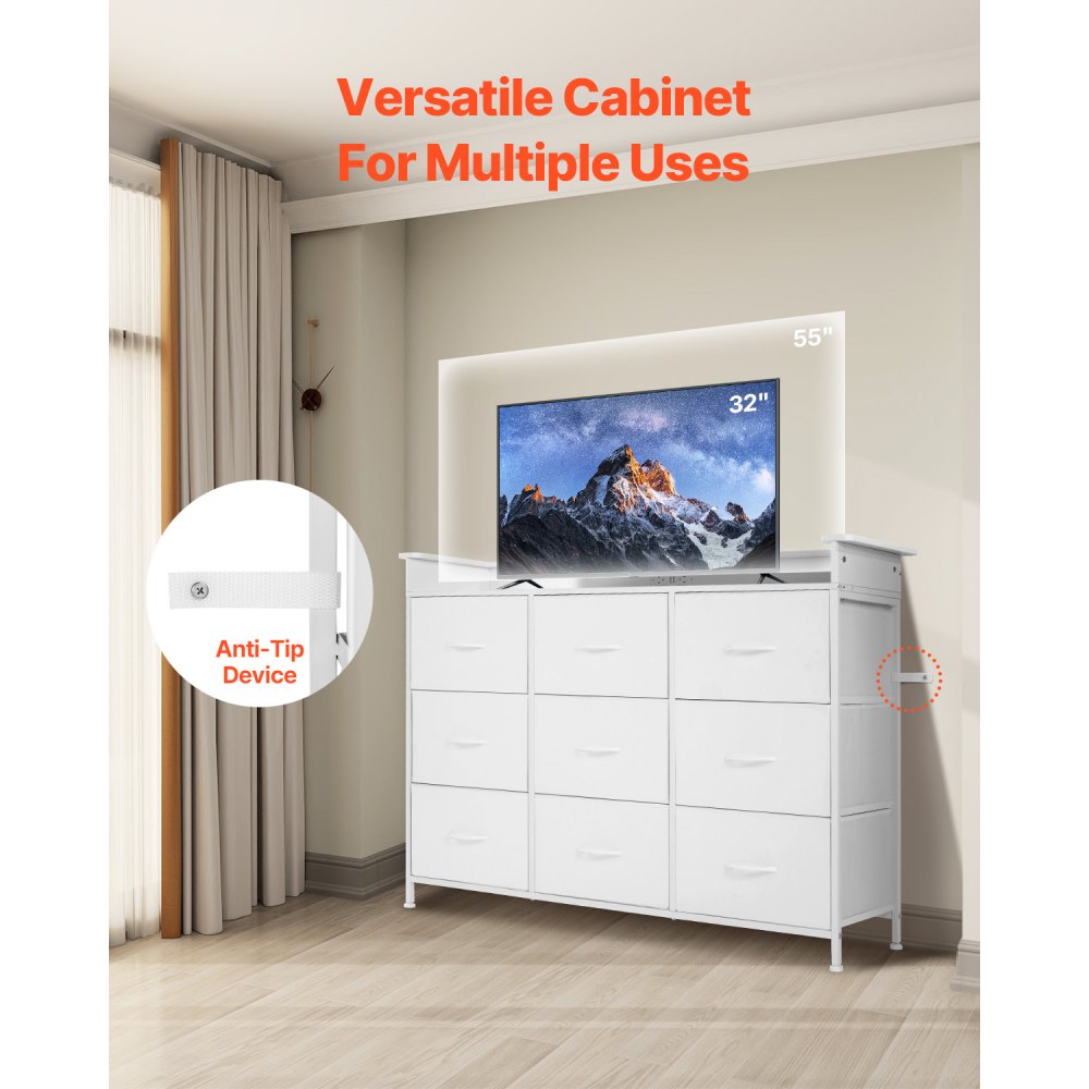 VEVOR 9 Drawer Dresser, Tall Drawer Dresser with Fabric Bin, Closet Storage Drawers with Sturdy Metal Frame, LED Lights & Built-in Outlet, Fabric Storage Tower for Bedroom, Hallway, Closet, White