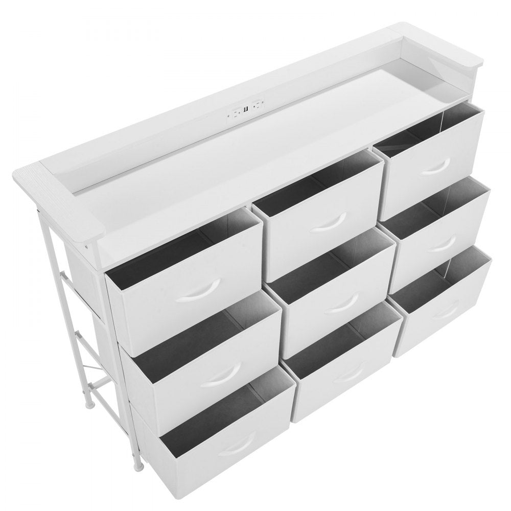 VEVOR 9 Drawer Dresser, Tall Drawer Dresser with Fabric Bin, Closet Storage Drawers with Sturdy Metal Frame, LED Lights & Built-in Outlet, Fabric Storage Tower for Bedroom, Hallway, Closet, White